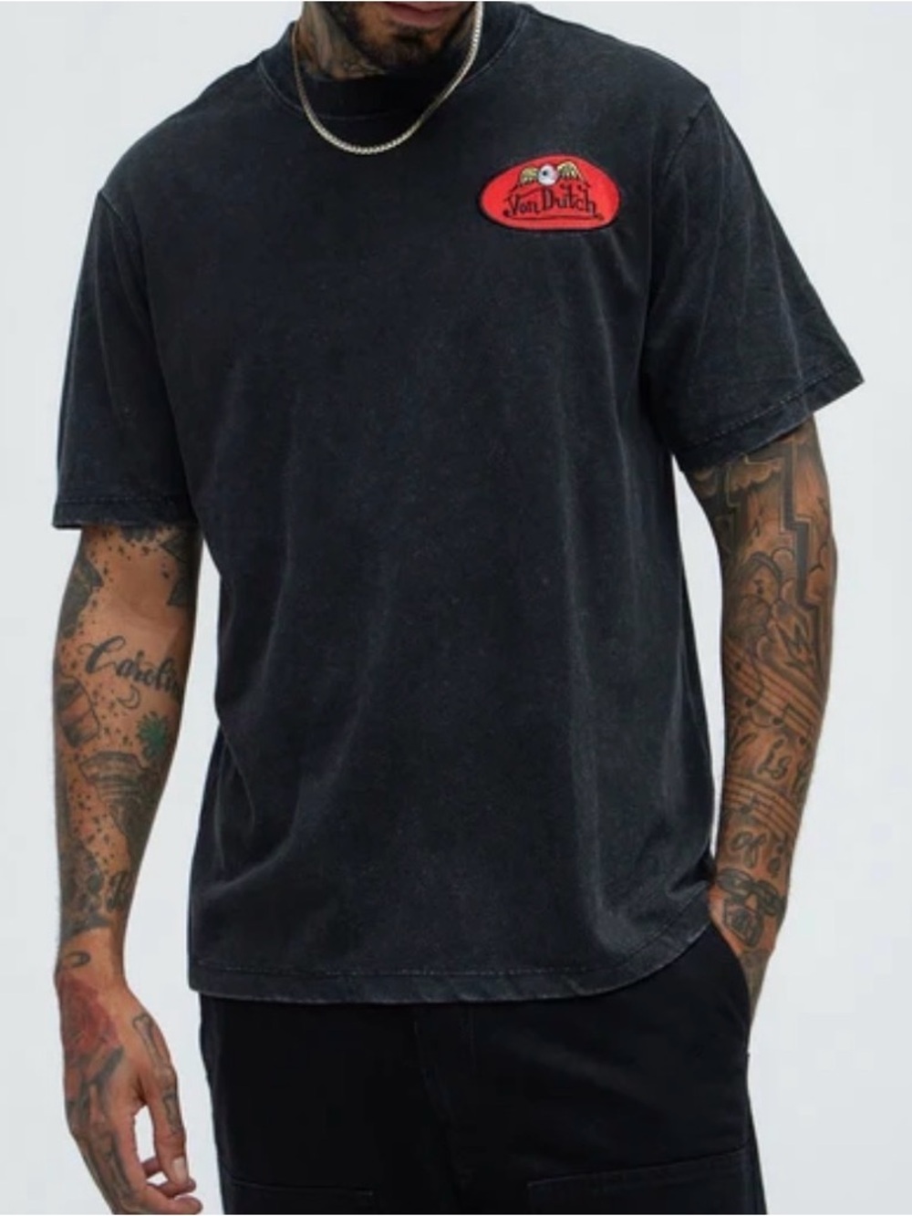 Von Dutch Black Mineral Wash Tee with Red Logo Patch